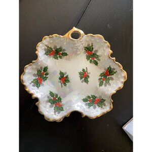 Christmas Holly Berry Lustreware 1950s Scalloped Edged Leaf Red Green Dish